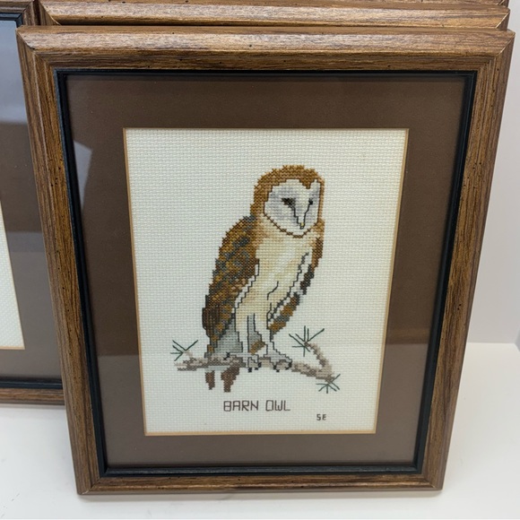 Four VTG 1970s MCM Cottagecore Embroidered Needlepoint Framed Owl 12x9” - Picture 6 of 8
